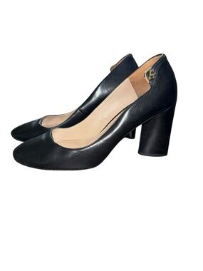 Tory Burch Black Leather Elizabeth 4” Block heel Pumps Size 9.5 Gold Tone Hw